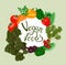 Vector vegan Logo with Lettering Vegan Foods. Design Menu Card for Vegetarians, Logo Vegan Shop, Round Vegetable Frame on green