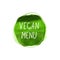 Vector Vegan Menu Icon, Watercolor Stamp, Green Paint Circle and Scribble Lines Around it, Isolated Ilustration.