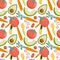 Vector vegetables seamless pattern in cartoon style. Bright tomatoes, avocado, carrot, bell peppers, eggplants