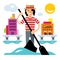 Vector Venice gondola, gondolier rowing oar. Flat style colorful Cartoon illustration.