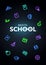Vector verical neon light back to school retro banner. Shiny color lamp education theme icons and text on dark gradient background
