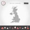 Vector Vertical Lines Map of United Kingdom. Striped Silhouette of Great Britain. Realistic Compass. Business Icons