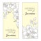 Vector vertical templates with outline Jasmine flowers, bud and leaves. Floral design for poster, banner, package.