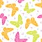 Vector vibrant colourful artistic floral textured butterflies on white pretty seamless pattern background.