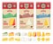 Vector vintage cheese labels with farming landscape and different types of cheese detailed icons