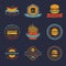 Vector vintage fast food logo set. Retro eating signs collection. Burger, hamburger, hot dog, frankfurter emblems.