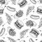 Vector vintage fast food seamless pattern. Hand drawn monochrome