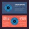 Vector vintage flyers with sound record studio, vinyl music shop, club logo with vinyl record on grunge texture