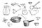 Vector vintage hand-drawn set of ingredients for cooking bechamel isolated on white. Collection of sketches of products for making