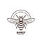 Vector vintage honey label design. Outline honeybee logo or emblem. Linear bee on white background.