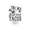 Vector vintage mexican food truck logo. Tacos icon.Retro hand drawn hipster street snack car illustration.Eatery emblem.