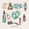 Vector vintage pharmacy equipment, label, medicinal bottle, bag with herbs, blue gloves, old syringe