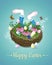 Vector vintage, realistic background for Easter. Template. Rabbit paws sticking out of the grass and the card with place for