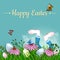 Vector vintage, realistic background for Easter. Template. Rabbit paws sticking out of the grass and the card with place for