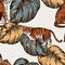 Vector vintage seamless pattern of tiger, tropical leaves. Natural animals texture