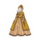 Vector vintage sketch illustration. Gentlewoman Elizabethan epoch 16th century. Medieval lady in a rich dress with large