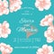 Vector vintage spring background with pink almond blossom in blue background. Hand drawn color botanical texture with apple tree