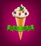 Vector wafer cone with cream (ice cream) with berries and mint