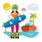 Vector Wakeboarding Woman. Flat style colorful Cartoon illustration.