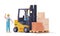 Vector warehouse forklift moving loaded pallet