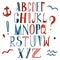 Vector watercolor alphabet in marine style.