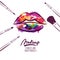 Vector watercolor hand drawn illustration of colorful womens lips and makeup brushes.