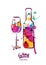 Vector watercolor illustration of colorful wine bottle and wine glass.