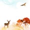 Vector watercolor nature template. Hand drawn frame with deer, bird, forest and place for text or illustration. Watercolor autumn