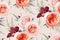 Vector, watercolor seamless floral pattern, textile fabric background design. Blush peach, light pale coral Rose flowers, burgundy