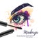 Vector watercolor sketch illustration of colorful female eye and makeup mascara. Watercolor background.