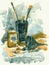 Vector watercolor still life drawing with artistic tools, brushes, paints, solvent bottle