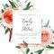 Vector watercolor wedding floral invite, greeting card design: blush peach, ivory white roses, pale coral Juliette flowers,