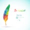 Vector watercolor writing feather. Colorful vector feather. Watercolor silhouette of feather.