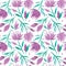 Vector watercolour floral seamless pattern, delicate flowers, green, turquoise and pink flowers