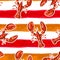 Vector of watercolour Summer Red lobster on brushed horizontal orange stripe seamless pattern, Design for fashion , fabric,