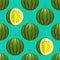 Vector watermelon seamless pattern. Whole and cutted watermelon on turquoise background. Colorful vector illustration gradient