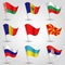 Vector waving flags eastern europe on silver pole - icon of states belarus, bulgaria, moldova, north macedonia, romania,