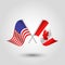 Vector waving triangle two crossed american and canadian flags on slanted silver pole - icon united states of america and