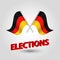 Vector waving triangle two crossed german flags on slanted silver pole - icon of germany and red 3D title elections