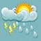 Vector weather icons in retro style. Sun behind th