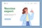 Vector web banner with scientist expert holding glass flask with vaccine or drug