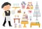 Vector wedding candy bar set. Cute marriage sweet table or buffet clipart with waiter, cake, champagne, snacks, fruit. Just