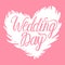 Vector Wedding Day white illustration swan heart isolated on pink background. Lettering inscriptions.