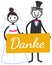 Vector wedding illustration of cute stick figures bridal couple holding yellow sign Danke, wedding invitation template