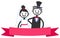 Vector wedding illustration of cute stick figures bridal couple with red blank banner for your text