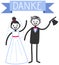 Vector wedding illustration of cute stick figures bridal couple standing, waving, blue banner Danke