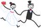 Vector wedding illustration of happy stick figures bridal couple holding hands running, wedding invitation template