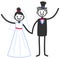 Vector wedding illustration of happy stick figures bridal couple holding hands and waving