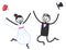 Vector wedding illustration of happy stick figures bridal couple jumping and celebrating