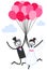Vector wedding illustration of happy stick figures bridal couple taking off holding on to pink balloons with clouds